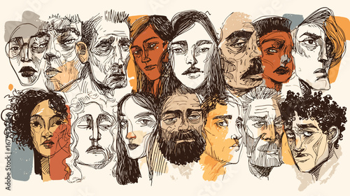 Abstract illustration of diverse faces with various expressions.