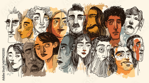 Abstract illustration of diverse faces with various expressions.