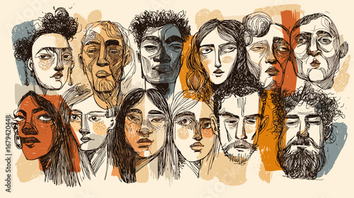 Abstract illustration of diverse faces with various expressions.
