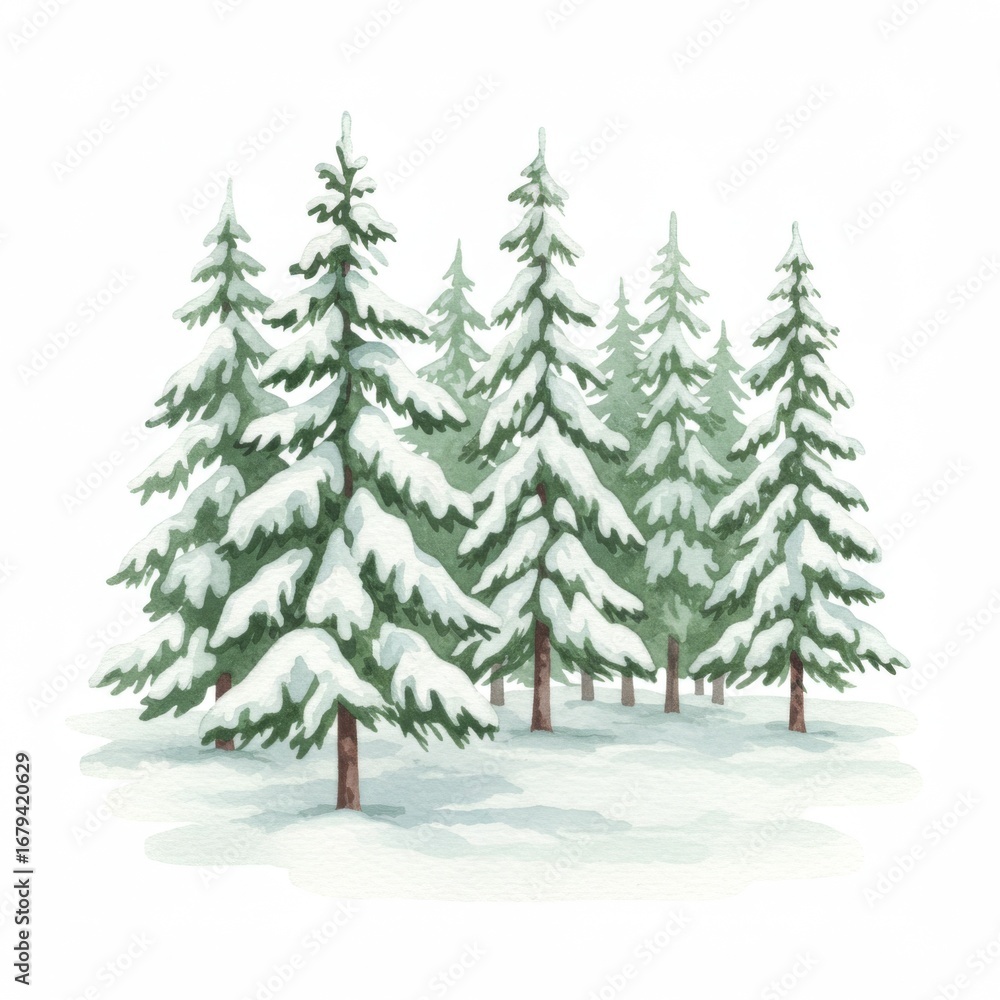 Obraz premium Watercolor Illustration of Evergreen Trees Heavily Laden with Fresh Snow in Forest