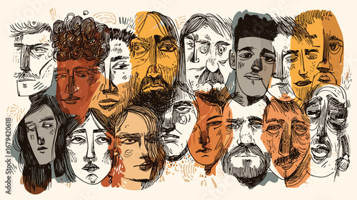 Abstract illustration of diverse faces with various expressions.