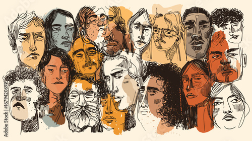 Abstract illustration of diverse faces with various expressions.