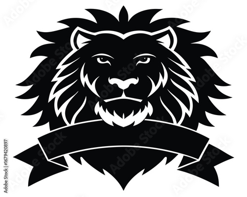 Majestic lion head silhouette with decorative ribbon banner