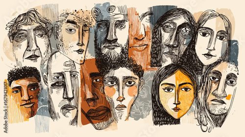 Abstract illustration of diverse faces with various expressions.