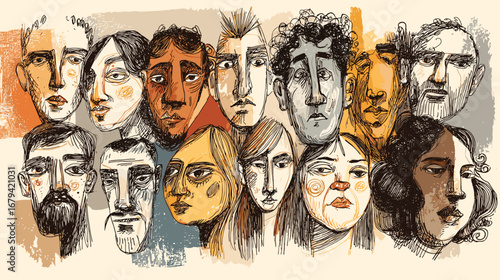Abstract illustration of diverse faces with various expressions.