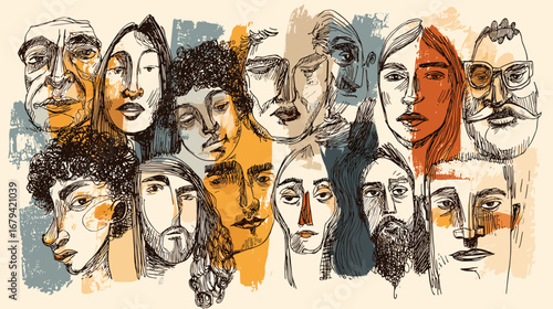 Abstract illustration of diverse faces with various expressions.
