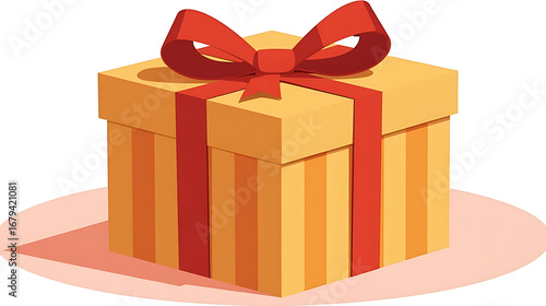 Golden gift box with vertical stripes and red ribbon bow, elegant present illustration isolated on white background
