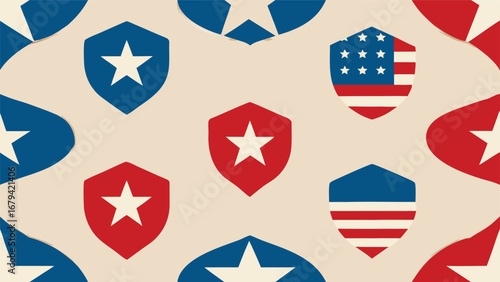 Seamless pattern of american flag shields and stars on a light background