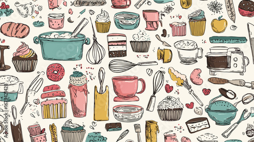 Seamless pattern with hand-drawn baking elements like cupcakes, whisks, and rolling pins on background.