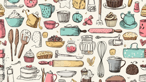 Seamless pattern with hand-drawn baking elements like cupcakes, whisks, and rolling pins on background.