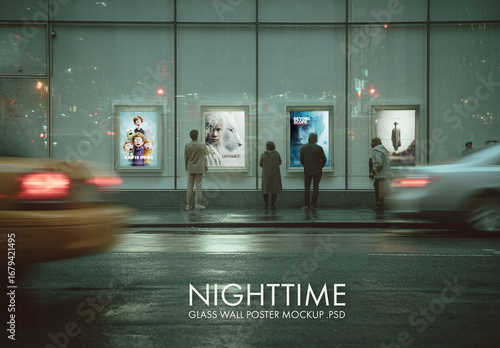Nighttime glass wall poster mockup