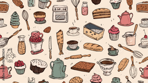 Seamless pattern with hand-drawn baking elements like cupcakes, whisks, and rolling pins on background.
