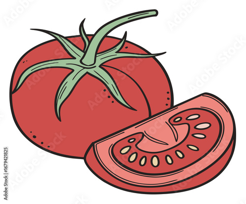 Flat vector illustration of a red tomato with green leaves