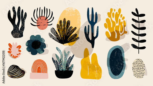 Abstract shapes and botanical elements in a colorful, modern design.