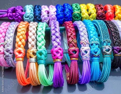 Colorful braided bracelets displayed