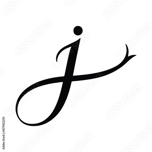 Black cursive letter j with a dot and flourish on white background script calligraphy