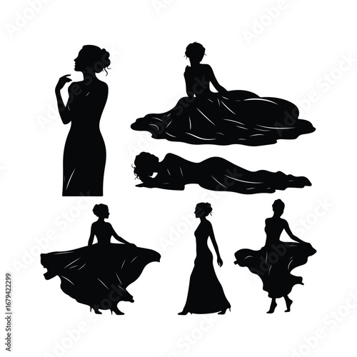 Five black silhouette female figures in elegant dresses on white background woman