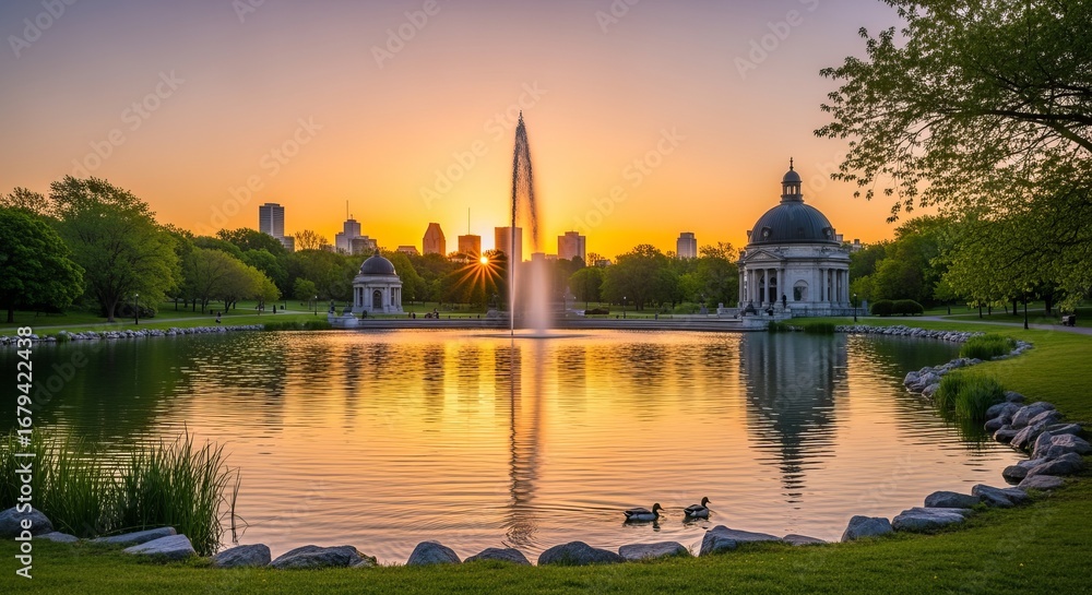 Fototapeta premium Scenic Park Pond at Sunrise with Fountain and City Skyline