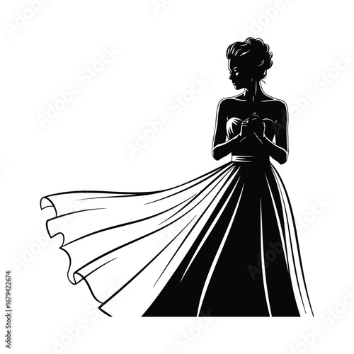 Black silhouette of a woman in a flowing ball gown with her hands clasped at her chest female dress