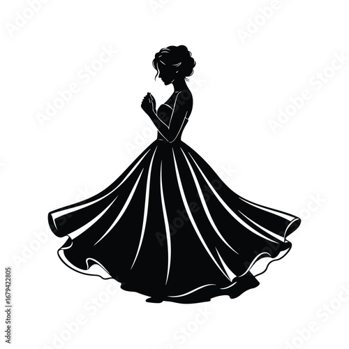 Black silhouette of a woman in a flowing ball gown with hands clasped female dress