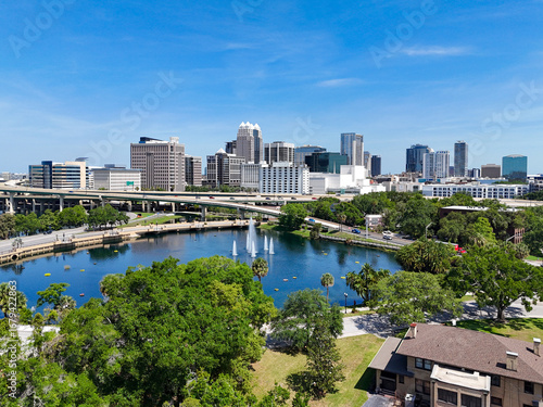 View looking over Lake Lucerne and the downtown Orlando skyline with condo and business buildings in Orange County, Orlando, Florida, USA. 