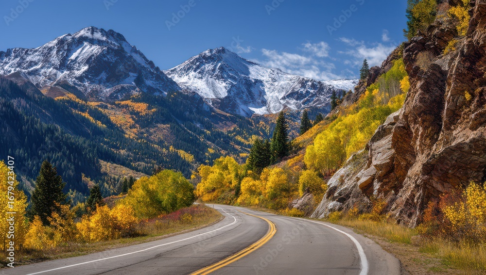 Naklejka premium a winding mountain road with beautiful aspen trees and rocky outcrops