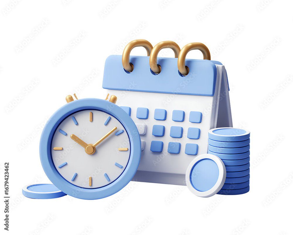 Obraz premium 3d icon of a calendar with a clock and coins, on a white background