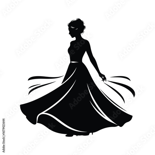 Black silhouette of a woman in a flowing ball gown with her hair styled up female dress