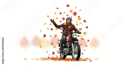 Man riding a motorcycle surrounded by autumn leaves enjoying the fall season