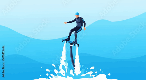 Man riding a jetboard on the ocean, clear water, blue sky, and modern recreation