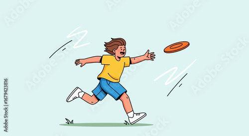 Joyful Youth Playing Frisbee, Action And Energetic Illustration With Vibrant Colors
