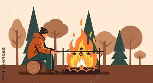 Man roasting chestnuts over a campfire in the forest during autumn season