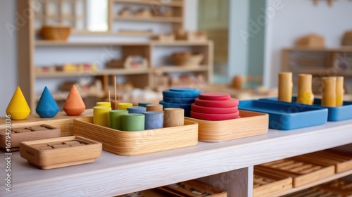 Montessori Learning Environment with Wooden Toys and Shelves