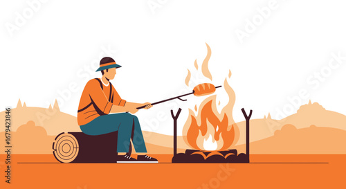 Man roasting bread over campfire during camp, outdoor adventure activity illustration