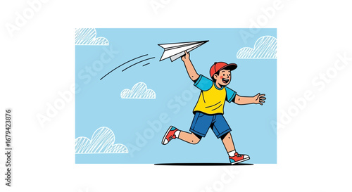 Joyful Youth Unleashes Paper Airplane Into The Air, Inspired by Play and Imagination