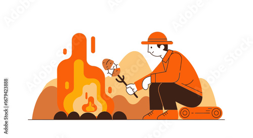 Man Roasting Food Over Campfire In A Simple Flat Illustration Outdoorsy Scene