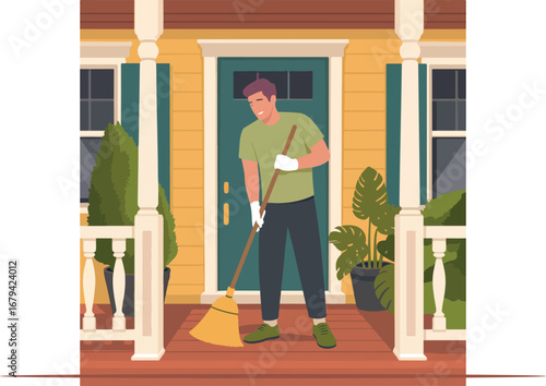 Man sweeping porch of house with broom in front of door illustration