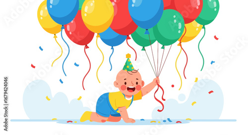 Joyous Infant Enjoying Birthday Celebration with Colorful Helium Balloons and Festive Confetti