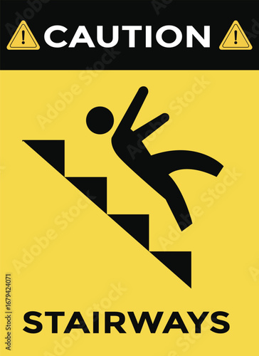 Caution sign depicting a person falling down stairs, warning about the dangers of stairways.