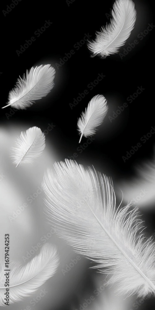 Obraz premium White Feathers Floating in the Black Background