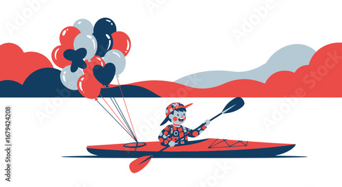 Kayaker holding balloons in a red kayak adventure celebration on colorful water