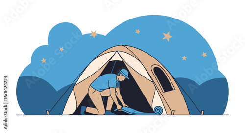 Man Setting Up a Tent at Night Under a Starry Blue Sky for Camping