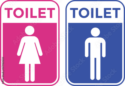 Graphic illustration of restroom signs featuring a female figure in pink and a male figure in blue, both labeled "TOILET".