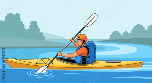 Kayaker Paddling A Yellow Kayak Through Tranquil Waters A Delightful Cartoon Illustration