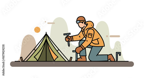 Man setting up a tent in the mountains, outdoor camping and travel adventure