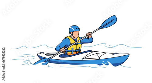 Kayaker Paddling Across The Waters, Leisurely Aquatic Activity, Cartoon Line Drawing