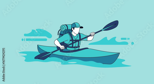 Kayaker Paddling Through Water, Adventure in a Colorful Boat, Minimalist Style