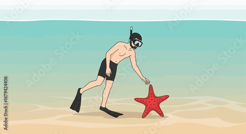 Man Snorkeler Interacts With Red Starfish Underwater Amidst Coastal Marine Habitat