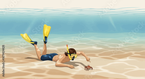 Man snorkeling underwater observing a crab, summertime fun vacation holiday illustration