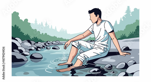 Man Soaking Feet In River Water Surrounded By Nature and Peaceful Scenery